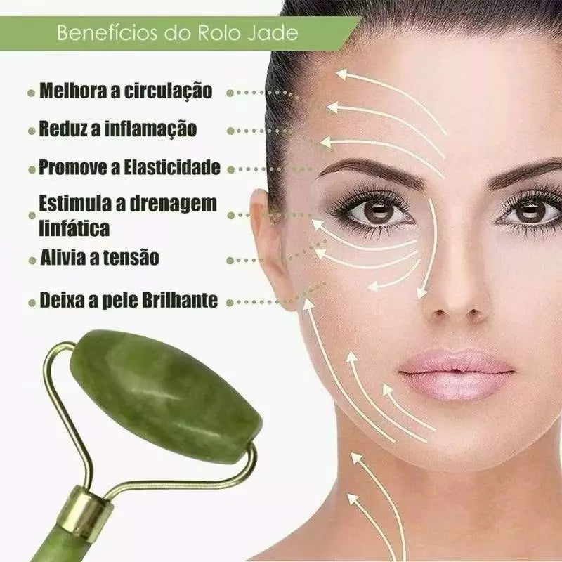 Kit Massageador Facial Pedra de Jade Natural + Placa Gua Sha - Anti-Rugas e Drenagem Linfática
